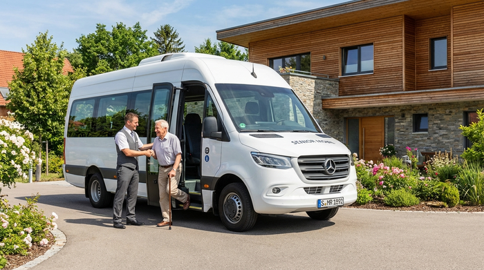 Ein moderner, sauberer Kleinbus steht vor einem gepflegten Einfamilienhaus. Ein freundlicher Fahrer in professioneller Kleidung hilft einem Senior behutsam beim Einsteigen. Die Umgebung ist sonnig und einladend.