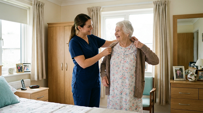 Eine professionelle Pflegekraft in sauberer Berufskleidung hilft einer älteren Dame liebevoll beim morgendlichen Anziehen in einem hellen, gut organisierten Schlafzimmer. Die Stimmung ist vertrauensvoll und ruhig.