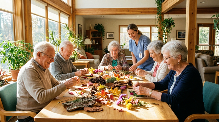 Eine fröhliche Gruppe von Senioren sitzt gemeinsam an einem großen Holztisch in einem lichtdurchfluteten Raum. Sie basteln hochkonzentriert mit bunten Naturmaterialien, begleitet von einer aufmerksamen Betreuerin im Hintergrund.
