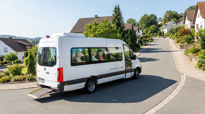 Ein moderner, weißer Kleinbus für den Seniorentransport fährt durch eine saubere, hügelige Straße in einem Wohngebiet. Sonniges Wetter, klare Sicht, realistische Darstellung ohne Text.