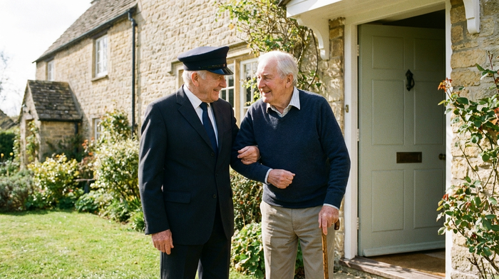 Ein geduldiger Fahrer in professioneller Kleidung reicht einem älteren Herrn mit Gehstock freundlich den Arm an einer Haustür. Vertrauensvolle Atmosphäre, helle Umgebung, ohne Text.