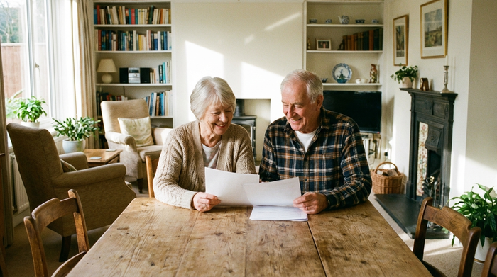 Ein älteres Ehepaar sitzt entspannt an einem Holztisch und schaut lächelnd auf einige Dokumente. Gemütliches, aufgeräumtes Wohnzimmer im Hintergrund, sonnendurchflutet, ohne Text.