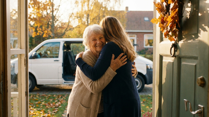 Eine ältere Dame verabschiedet sich morgens lächelnd von ihrer Tochter an der Haustür, im Hintergrund wartet ein Transportbus. Friedliche, alltägliche Szene, warmes Licht, ohne Text.