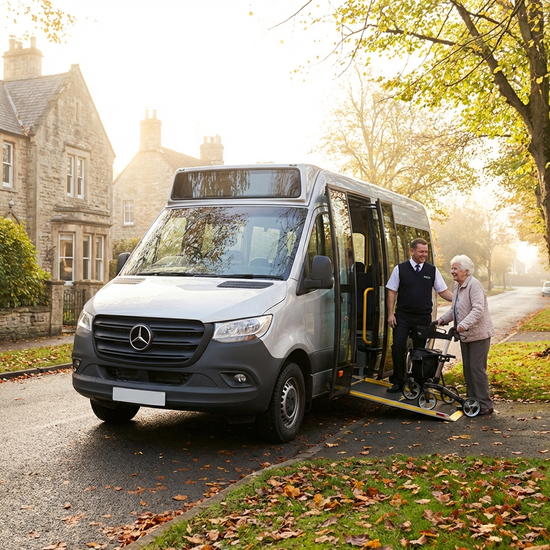 Ein moderner, rollstuhlgerechter Kleinbus parkt an einer ruhigen Straße. Ein freundlicher Fahrer hilft einer lächelnden älteren Dame mit Rollator behutsam beim Einsteigen. Helles Morgenlicht.