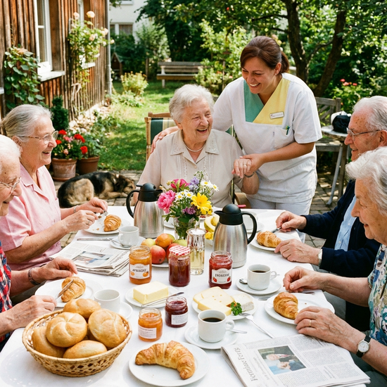 Ein reich gedeckter Frühstückstisch mit frischen Brötchen, Marmelade und Kaffee. Mehrere Senioren sitzen fröhlich plaudernd zusammen, während eine Pflegekraft unterstützend zur Seite steht.