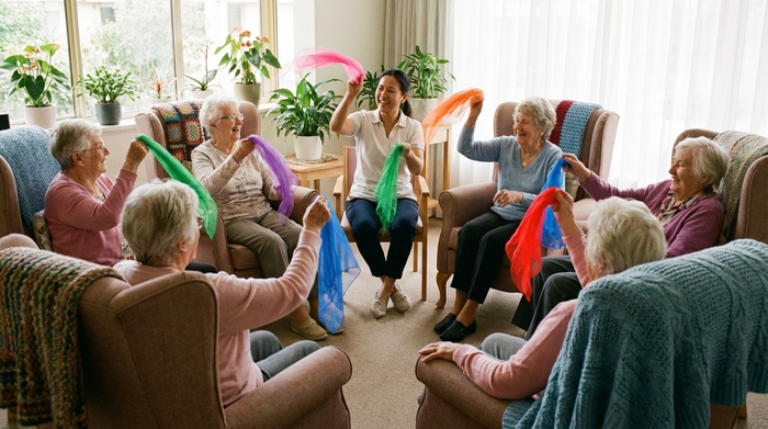 Eine Gruppe von Senioren sitzt im Kreis auf bequemen Stühlen und macht leichte Gymnastikübungen mit bunten Tüchern. Eine engagierte Therapeutin macht die Bewegungen freudig vor.