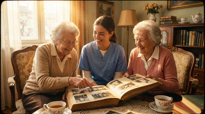 Zwei ältere Frauen betrachten gemeinsam mit einer jungen Pflegekraft ein altes, aufgeschlagenes Fotoalbum. Alle drei lächeln nostalgisch. Gemütliche Nachmittagsstimmung mit warmem Licht.