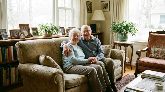 Ein älteres Ehepaar sitzt entspannt auf einem Sofa und schaut zufrieden in die Kamera. Helle, freundliche Wohnzimmeratmosphäre im eigenen Zuhause.