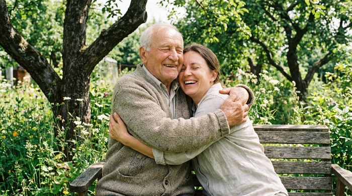 Eine erwachsene Tochter umarmt ihren älteren Vater liebevoll im Garten. Beide wirken sehr entspannt, glücklich und befreit von Sorgen.