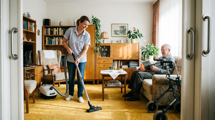 Eine engagierte Pflegekraft saugt den hellen Teppich in einem gemütlichen, barrierefreien Wohnzimmer, während ein älterer Herr entspannt auf dem Sofa ein Buch liest.