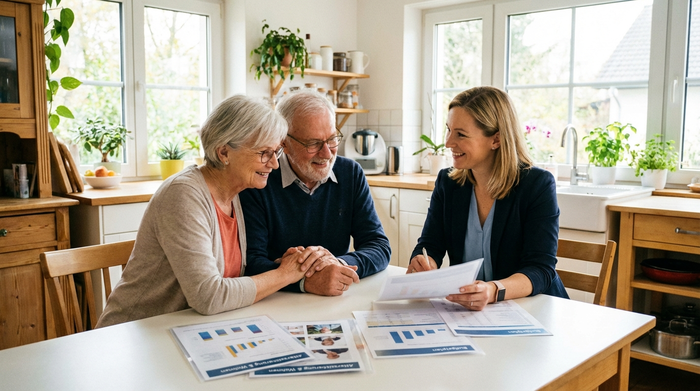 Ein älteres Ehepaar sitzt am Küchentisch und schaut gemeinsam mit einer freundlichen Beraterin auf übersichtliche Dokumente. Helle, freundliche Umgebung und entspannte Gesichter.