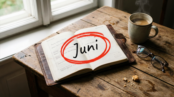 Ein aufgeschlagener Terminkalender auf einem Holztisch, daneben eine Tasse Kaffee und eine Brille. Ein roter Kreis markiert deutlich den Monat Juni.