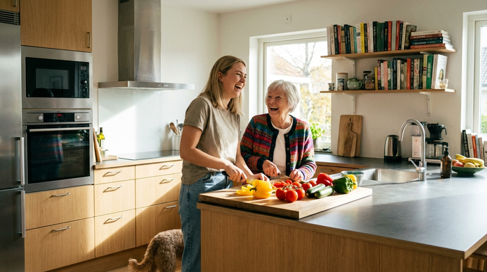 Eine junge Alltagsbegleiterin und eine Seniorin stehen gemeinsam in einer modernen Küche. Beide lachen herzlich und schneiden frisches Gemüse für das Mittagessen.