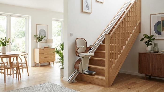 Ein moderner, bequemer Treppenlift an einer Holztreppe in einem gepflegten Einfamilienhaus. Der Lift fügt sich dezent und elegant in das helle Wohnambiente ein.