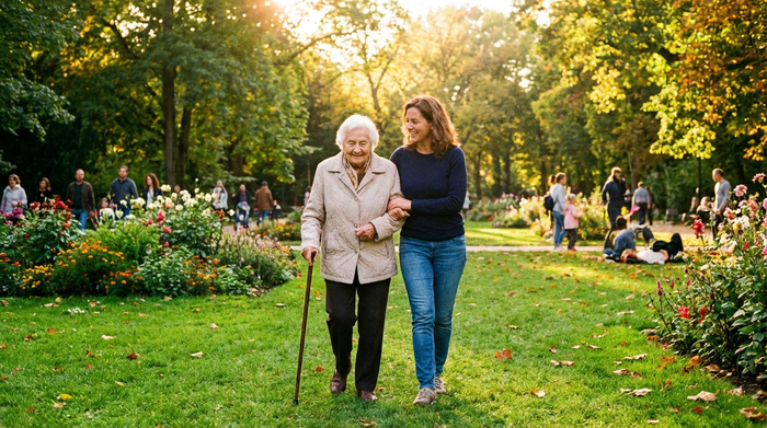 Eine engagierte Alltagsbegleiterin stützt eine ältere Dame liebevoll beim Spaziergang durch einen grünen Park an einem sonnigen Nachmittag.