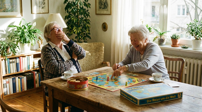 Zwei ältere Damen spielen vergnügt ein Brettspiel an einem Holztisch, lachen herzlich und genießen die gemeinsame Zeit.