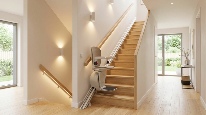 Ein moderner, sicherer Treppenlift in einem gepflegten Einfamilienhaus, sanftes Licht beleuchtet die hellen Holzstufen.