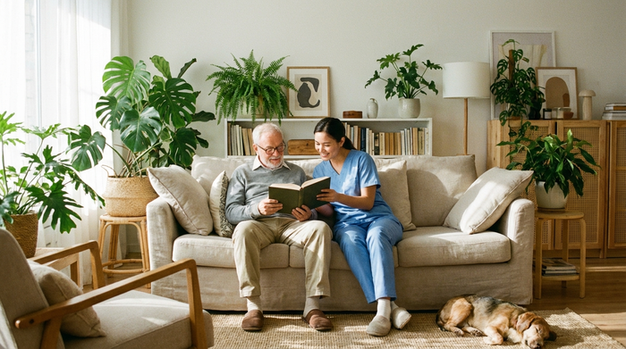 Eine aufmerksame Betreuerin hilft einem älteren Herrn beim Lesen eines Buches auf einem bequemen Sofa. Helles, aufgeräumtes Wohnzimmer mit vielen grünen Zimmerpflanzen.