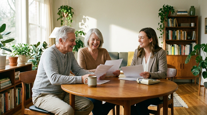 Ein älteres Ehepaar sitzt mit einer sympathischen Beraterin an einem runden Holztisch und bespricht entspannt Dokumente. Eine Kaffeetasse und ein Taschenrechner liegen bereit, die Stimmung ist positiv und klärend.