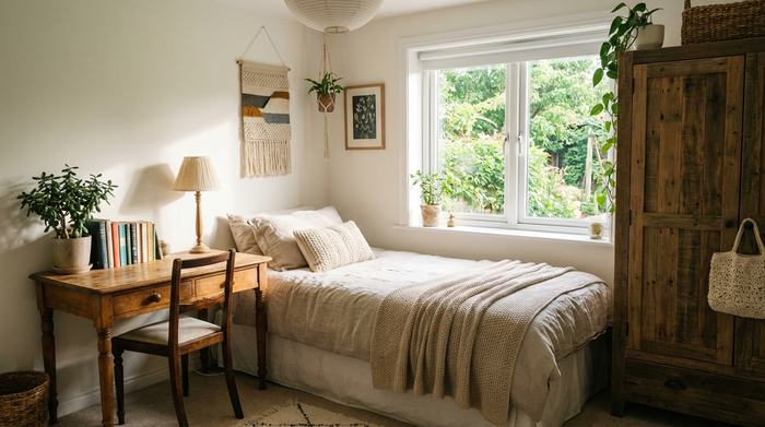 Ein helles, liebevoll eingerichtetes Gästezimmer mit einem komfortablen Einzelbett, einem kleinen Schreibtisch aus Holz, einem Kleiderschrank und einem großen Fenster mit Blick in einen grünen Garten.