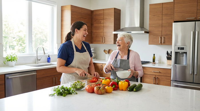 Eine Betreuerin und eine Seniorin bereiten gemeinsam in einer modernen, sauberen Küche eine Mahlzeit zu. Frisches, buntes Gemüse liegt auf der Arbeitsplatte, beide Frauen lachen herzlich miteinander.