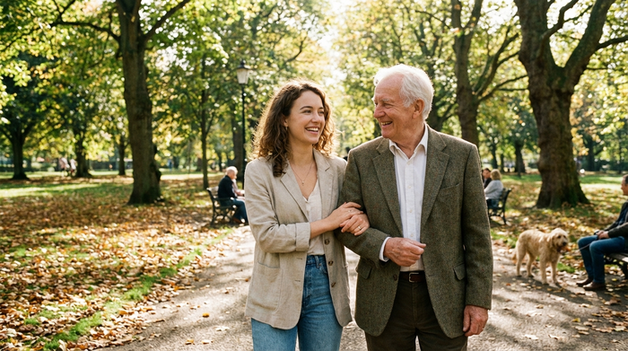 Eine junge Frau und ihr älterer Vater spazieren entspannt an einem sonnigen Tag durch einen gepflegten Park. Die Tochter hält sanft den Arm des Vaters, beide wirken glücklich und unbeschwert.