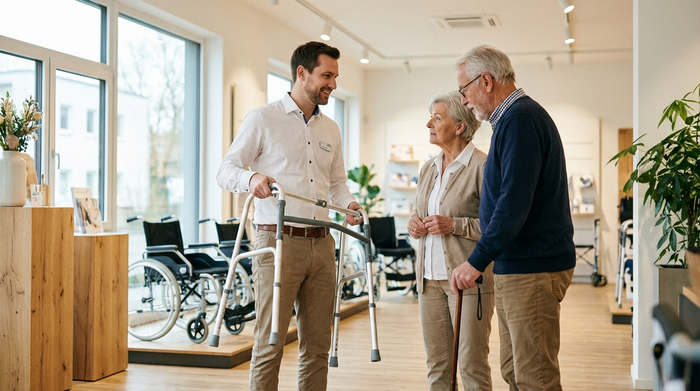 Ein professioneller Berater im Sanitätshaus zeigt einem älteren Ehepaar verschiedene medizinische Hilfsmittel. Im Hintergrund sind unscharf Rollstühle zu erkennen. Helle, freundliche Atmosphäre, realistische Darstellung.