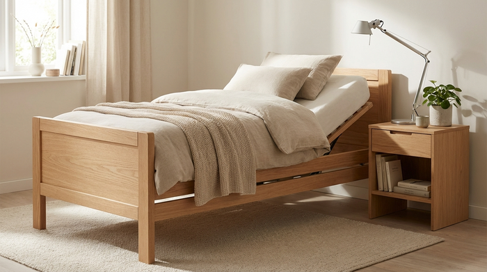 Ein modernes, höhenverstellbares Pflegebett aus hellem Holz in einem gemütlichen Schlafzimmer. Das Bett ist ordentlich gemacht, ein Nachttisch mit einer Leselampe steht daneben. Friedliche, saubere Umgebung ohne Text.
