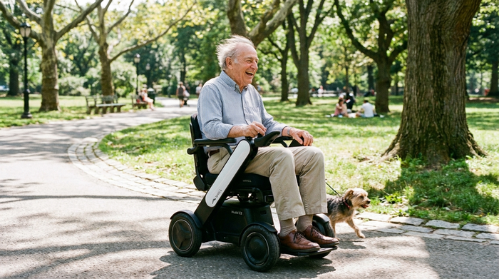 Ein älterer Herr fährt glücklich in einem modernen Elektrorollstuhl durch einen sonnigen Park. Bäume und ein gepflasterter Weg im Hintergrund. Fotorealistisch, klare Farben, Fokus auf Mobilität und Lebensfreude.