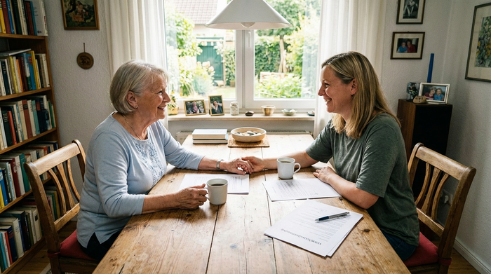 Eine ältere Frau sitzt am Esstisch und bespricht entspannt Dokumente mit ihrer Tochter. Eine Tasse Kaffee steht auf dem Tisch. Die Szene strahlt Erleichterung und familiären Zusammenhalt aus.