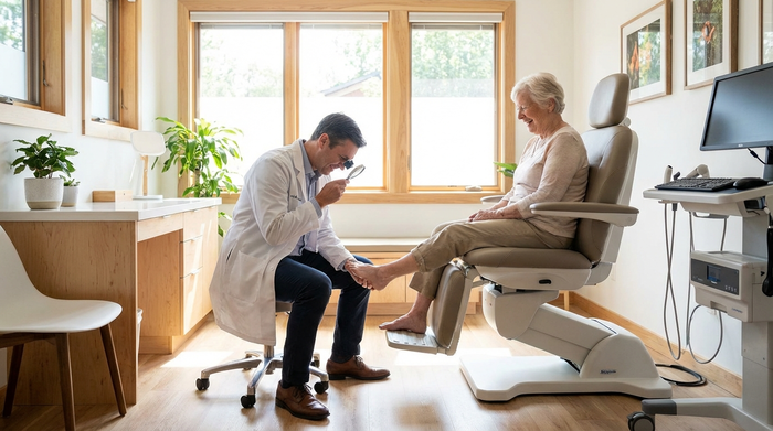 Ein Orthopädietechniker in einem hellen, modernen Behandlungsraum untersucht behutsam den Fuß einer älteren Dame. Beide wirken entspannt und konzentriert. Der Raum ist sauber, gut beleuchtet und strahlt eine professionelle, vertrauensvolle Atmosphäre aus.
