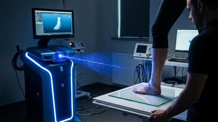 Ein leuchtend blauer 3D-Laserscanner tastet den nackten Fuß eines Patienten auf einer sauberen Glasplatte ab. Der Raum ist leicht abgedunkelt, um den präzisen Lichtstrahl des modernen Geräts hervorzuheben. Hochwertige, medizinische Technologie im Einsatz.
