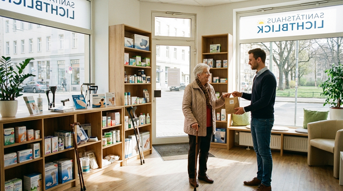 Ein helles, einladendes Sanitätshaus von innen. Holzregale mit ordentlich aufgereihten Gesundheitsprodukten. Ein freundlicher Berater überreicht einer lächelnden Seniorin eine kleine Papiertüte. Große Fensterfronten lassen viel Tageslicht herein.
