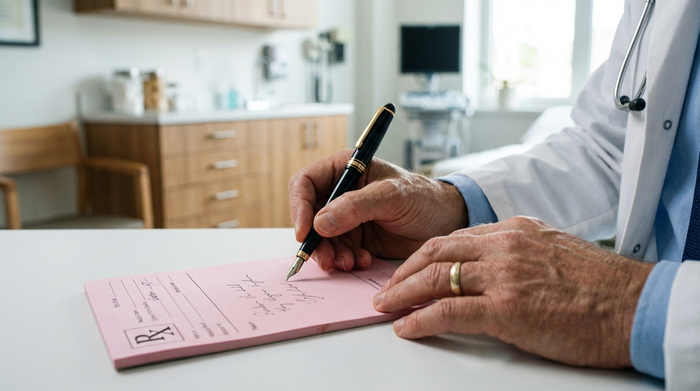 Eine Nahaufnahme der Hände eines Arztes, der ein rosafarbenes Rezeptformular mit einem Stift ausfüllt. Heller, sauberer Praxisraum im Hintergrund. Realistisches, professionelles Setting ohne lesbaren Text.