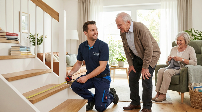 Ein freundlicher Sanitätshaus-Mitarbeiter in Arbeitskleidung misst im hellen Wohnzimmer eines Seniorenpaares den Platz an einer Treppe aus. Der ältere Herr schaut interessiert und lächelnd zu.