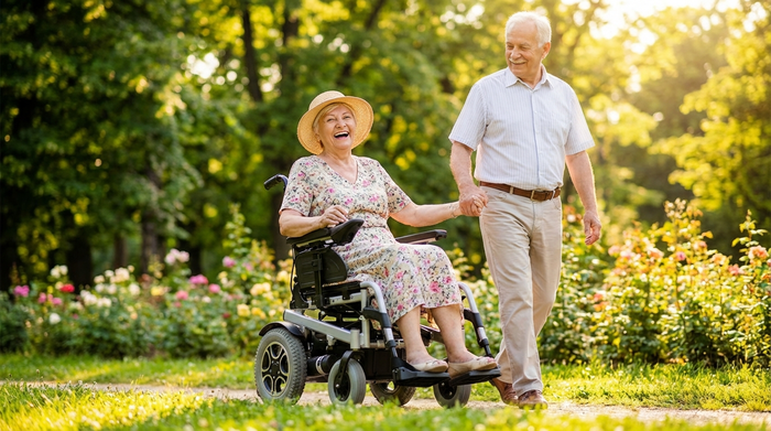 Eine glückliche ältere Frau fährt an einem sonnigen Tag mit einem modernen Elektrorollstuhl durch einen grünen Park. Begleitet wird sie von ihrem spazierenden Ehemann.
