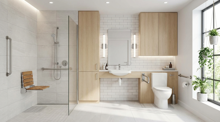 Ein modernes, helles, barrierefreies Badezimmer mit einer bodengleichen Dusche, stabilen Haltegriffen an den Wänden und einem klappbaren Duschsitz. Stilvolle, saubere und sichere Einrichtung.