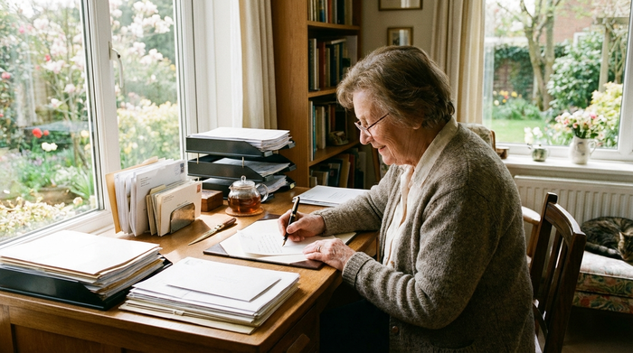 Eine ältere Frau sitzt fokussiert an einem aufgeräumten Schreibtisch am Fenster und schreibt einen Brief. Neben ihr liegen ordentlich sortierte Dokumente in einer hellen, freundlichen Umgebung.