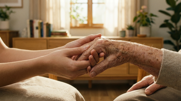 Eine detailreiche Nahaufnahme von zwei Händen, eine jung und pflegend, die andere alt und faltig, die sich tröstend und unterstützend halten. Sanftes, warmes Licht im Hintergrund eines aufgeräumten Zimmers.