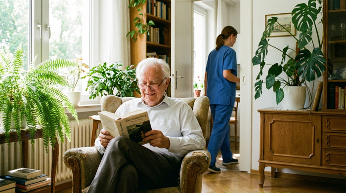 Ein älterer Herr sitzt entspannt in seinem Sessel am Fenster und liest ein Buch, während im Hintergrund eine Pflegekraft diskret den Raum verlässt. Helles, freundliches Wohnzimmer mit grünen Zimmerpflanzen.