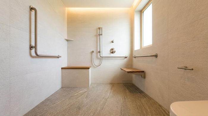 Ein modernes, barrierefreies Badezimmer mit einer bodengleichen Dusche, eleganten Haltegriffen an der hellen Wand und einem rutschfesten Boden. Sauber, sicher und gut beleuchtet ohne sichtbare Beschriftungen.