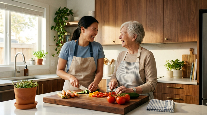 Eine liebevolle Betreuerin kocht gemeinsam mit einer Seniorin in einer sauberen, modernen Küche. Beide lachen fröhlich und schneiden frisches Gemüse auf einem Holzbrett. Warme, familiäre Atmosphäre.