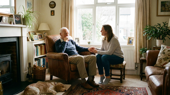 Ein älterer Herr sitzt nachdenklich in seinem gemütlichen Wohnzimmer im Sessel, während seine Tochter liebevoll seine Hand hält und unterstützend nickt. Weiches Tageslicht fällt durch das große Fenster.
