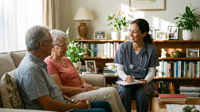 Eine aufmerksame Pflegekraft im Gespräch mit Angehörigen im heimischen Wohnzimmer. Die Pflegekraft macht sich Notizen auf einem Klemmbrett. Vertrauensvolles, professionelles Setting ohne sichtbaren Text.