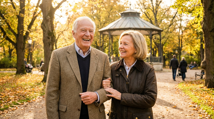 Ein gepflegter, lachender Senior geht mit Unterstützung einer freundlichen Alltagsbegleiterin im sonnigen Kurpark spazieren. Beide tragen leichte Übergangsjacken. Entspannte und positive Stimmung im Grünen.