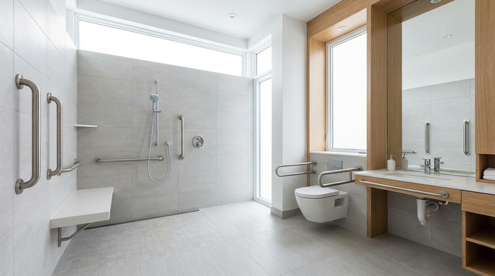 Ein modernes, helles und barrierefreies Badezimmer mit einer bodengleichen Dusche und stabilen Haltegriffen an der Wand. Sauber, sicher und altersgerecht eingerichtet, ohne störende Elemente.