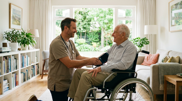 Ein engagierter männlicher Pfleger misst den Blutdruck eines älteren Herrn im Rollstuhl in einem aufgeräumten, hellen Wohnzimmer. Beide lächeln sich freundlich an. Im Hintergrund ist ein großes Fenster mit Blick ins Grüne zu sehen.