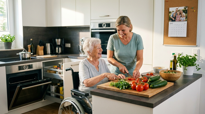 Eine liebevolle Betreuerin kocht gemeinsam mit einer Seniorin in einer modernen, barrierefreien Küche. Frisches Gemüse liegt auf der Arbeitsplatte. Die Szene wirkt harmonisch, familiär und alltagsnah.