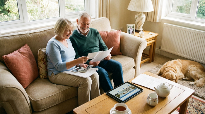 Ein älteres Ehepaar sitzt entspannt auf einem bequemen Sofa und schaut sich gemeinsam Dokumente an. Ein Tablet liegt auf dem Couchtisch. Die Stimmung ist beruhigt und zuversichtlich.