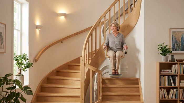 Ein moderner, unauffälliger Treppenlift in einem gepflegten Einfamilienhaus. Eine ältere Dame fährt sicher und bequem die Treppe hinauf. Helles Holz und warme Beleuchtung prägen das Treppenhaus.